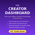 The Creator Dashboard — track your videos, income and brand deals automatically, $19 Google Sheets template