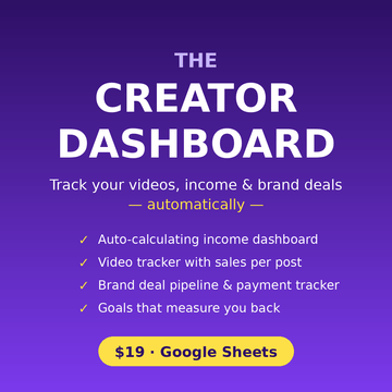The Creator Dashboard — track your videos, income and brand deals automatically, $19 Google Sheets template