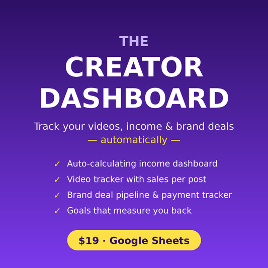 The Creator Dashboard — track your videos, income and brand deals automatically, $19 Google Sheets template